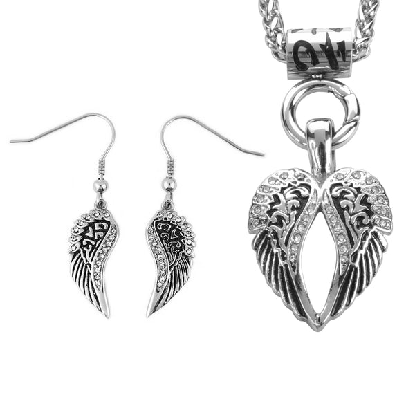 SK2282 Wing Bling 19" Necklace With Wing Bling French Wire Earrings Imitation Diamonds