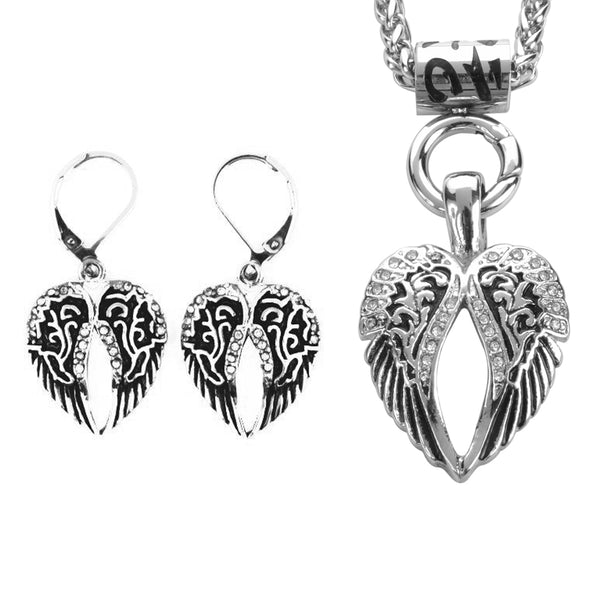 SK2296 Wing Bling 19" Necklace With Wing Bling Lever Back Earrings Imitation Diamonds