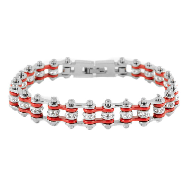 SK2001 3/8" Wide MINI MINI SIZE Two Tone Silver Red With White Crystal Centers Stainless Steel Motorcycle Bike Chain Bracelet