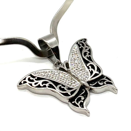 SK2560C Butterfly Crystal Pendant Matching Earrings With V-Cuff Necklace Stainless Steel Jewelry