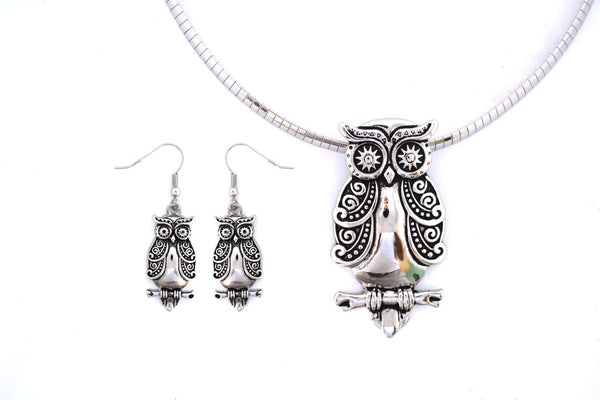 SK2500 Owl Pendant Matching Earrings With Omega Necklace Stainless Steel Jewelry
