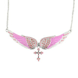SK2245 Large Pink Painted Winged Necklace With Cross Pink Imitation Crystals
