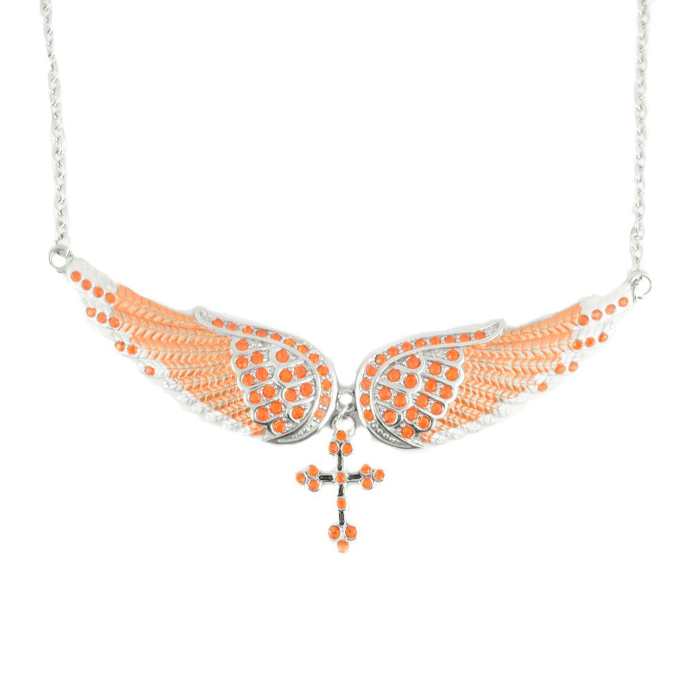 SK2246 Orange Painted Winged Necklace With Cross Orange Imitation Crystals