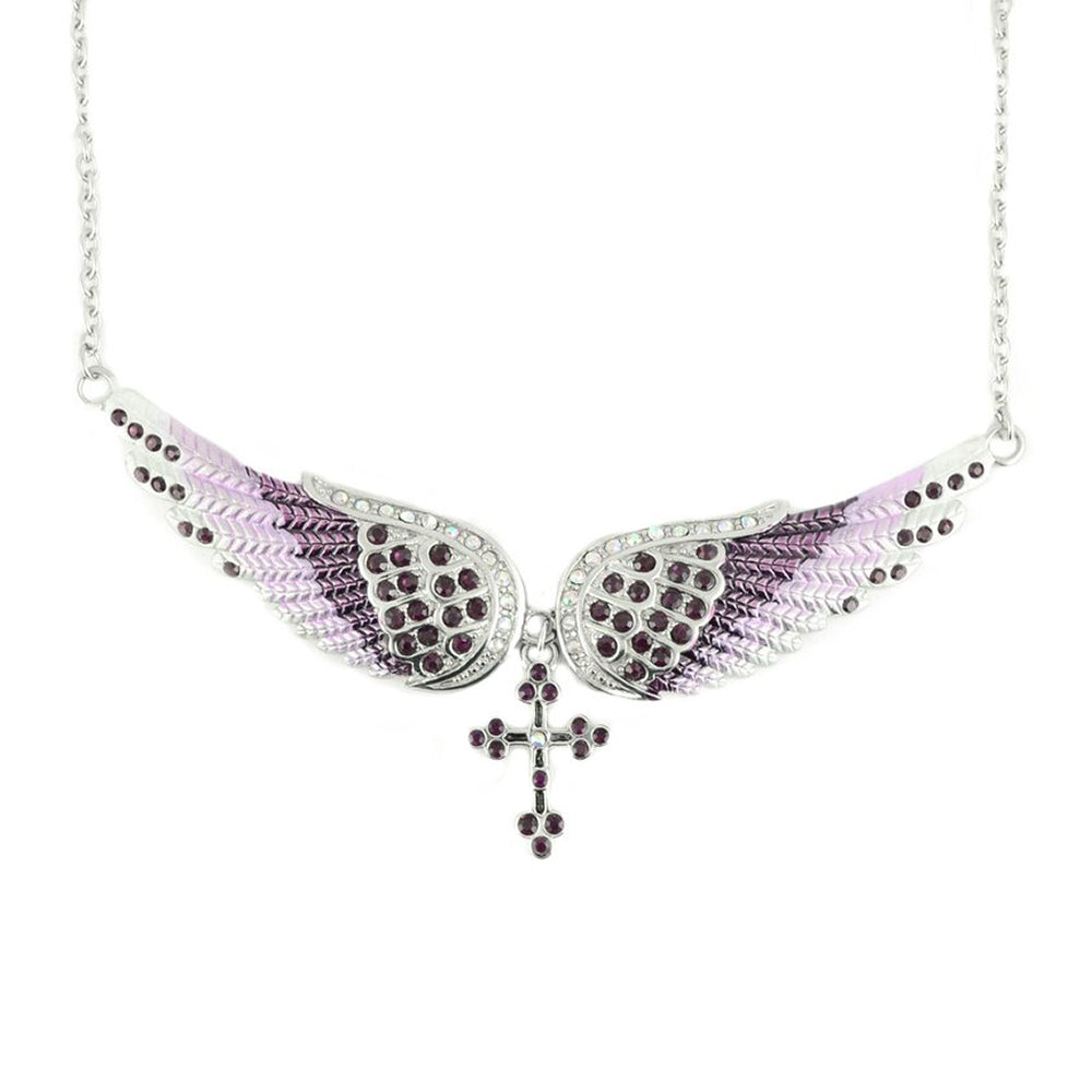 SK2251 Purple Painted Winged Necklace With Cross Purple Imitation Crystals