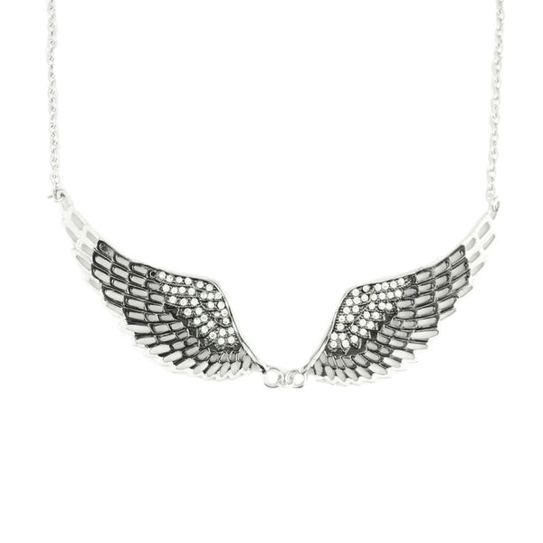 SK2236 Black Painted Winged Necklace White Imitation Crystals