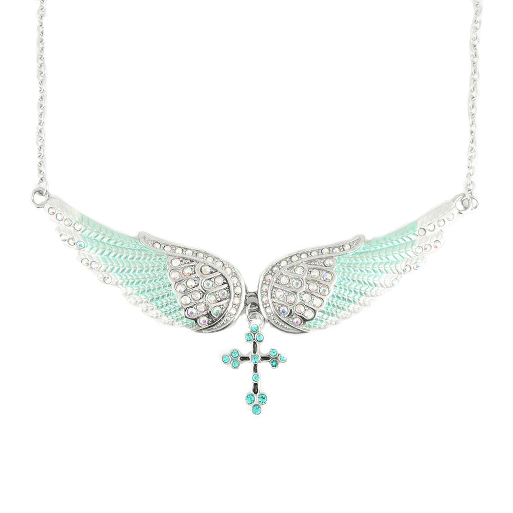 SK2244 Seafoam Green Painted Winged Necklace With Cross White Imitation Crystals