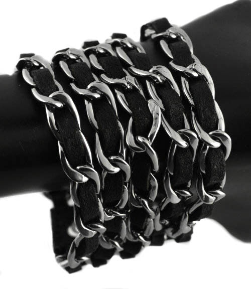 SK1360  Ladies Chain Leather Bracelet Stainless Steel Motorcycle Jewelry