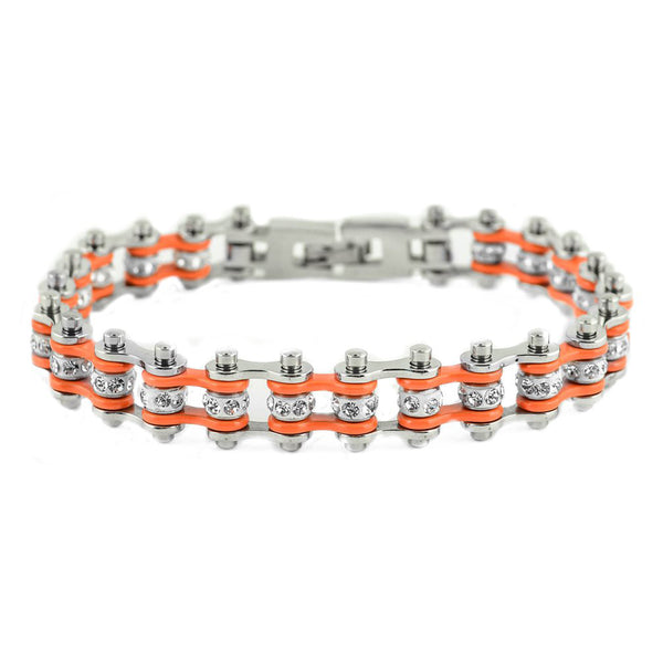SK2002 3/8" Wide MINI MINI SIZE Two Tone Silver Orange With White Crystal Centers Stainless Steel Motorcycle Bike Chain Bracelet