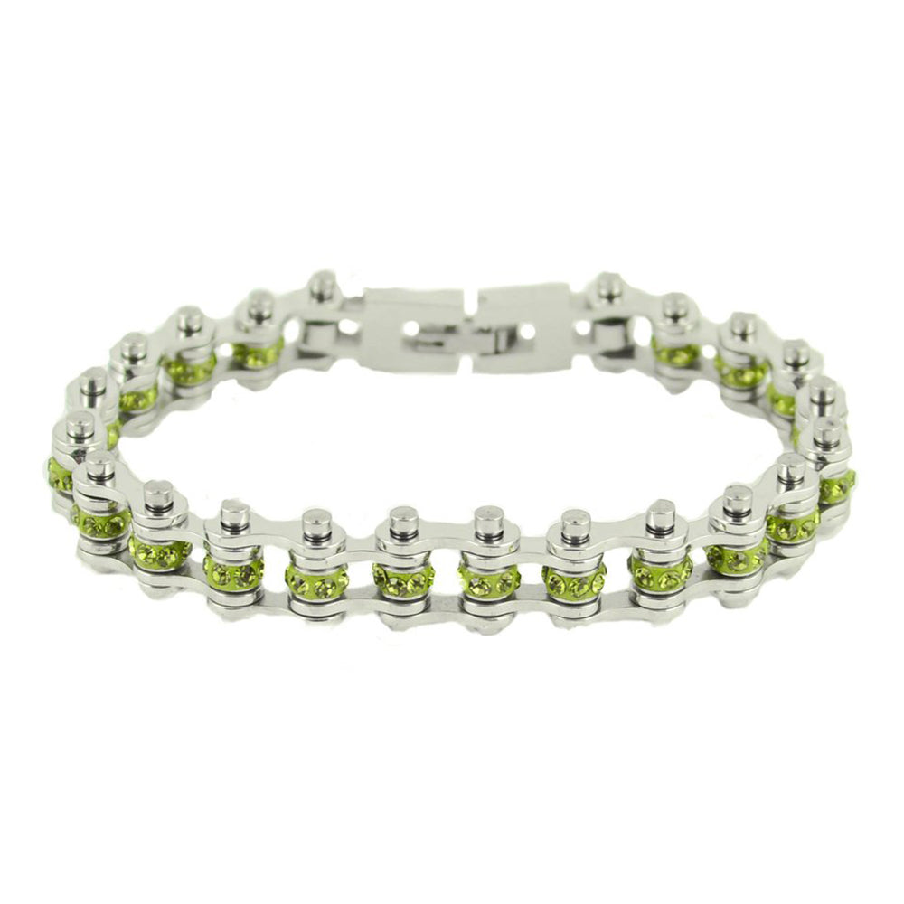 SK2215 August 3/8" Wide Peridot Color Crystal Centers Bike Chain Bracelet