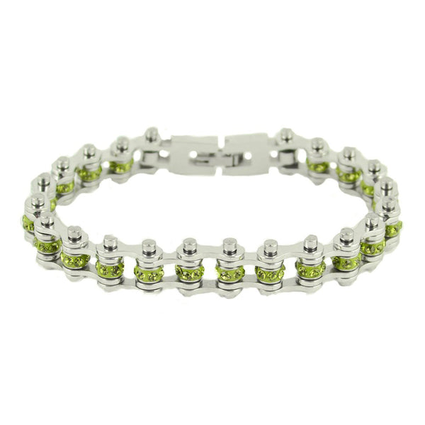 SK2215 August 3/8" Wide Peridot Color Crystal Centers Bike Chain Bracelet