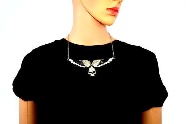 SK2309 Large Black Painted Winged Necklace With Skull White Imitation Crystals